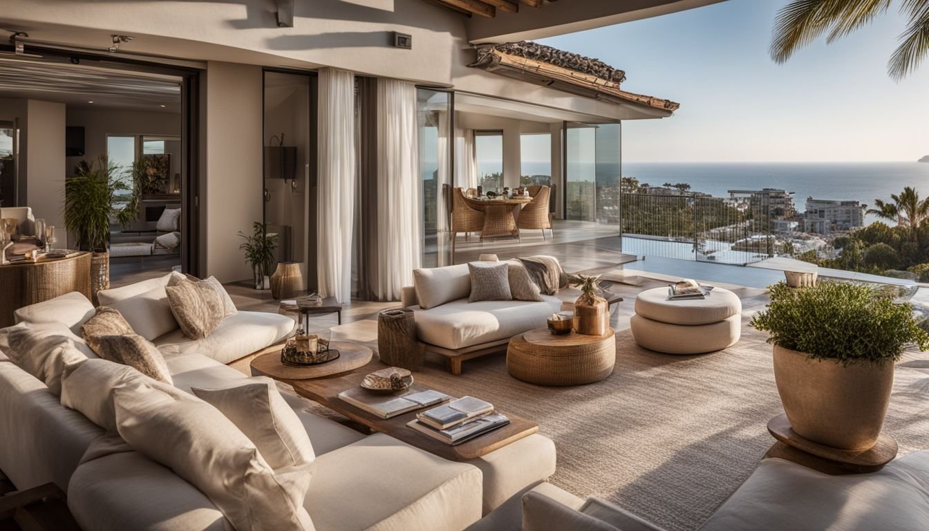 A luxurious villa overlooking the Mediterranean Sea with a bustling cityscape in the background.