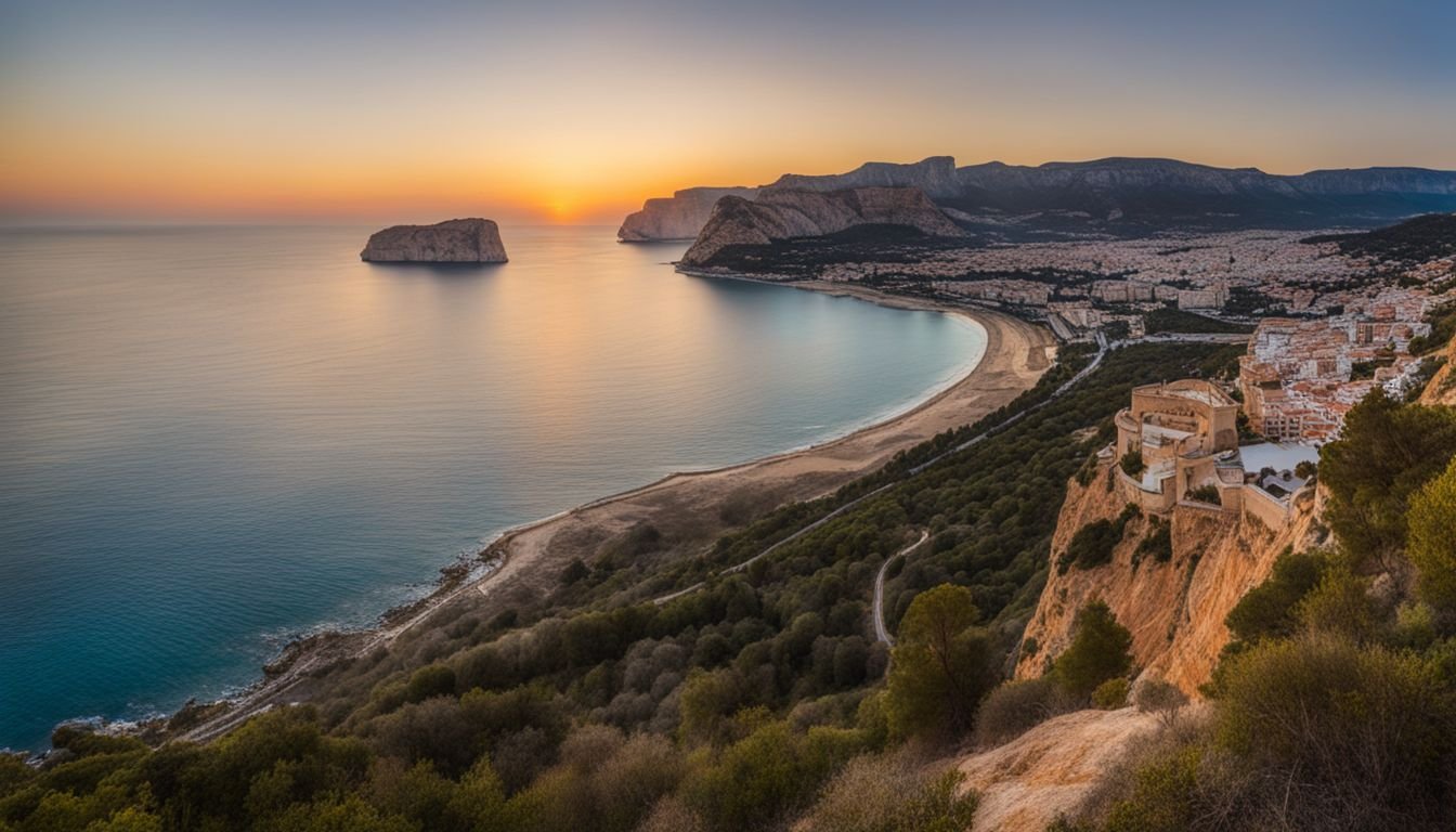A panoramic view of the Javea coastline at sunset in Real Estate Photography with a bustling atmosphere.